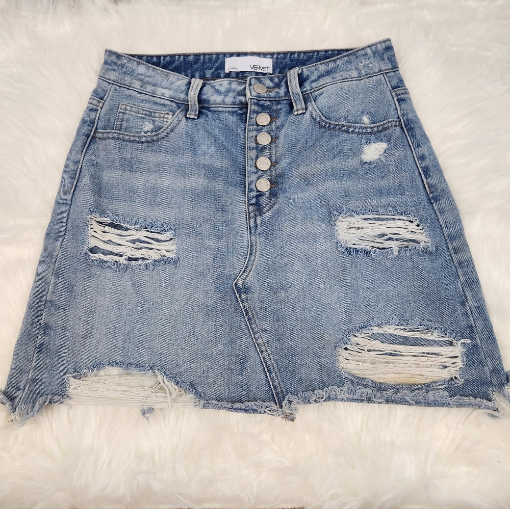 Vervet Light Wash Claudia Distressed Denim Mini Skirt